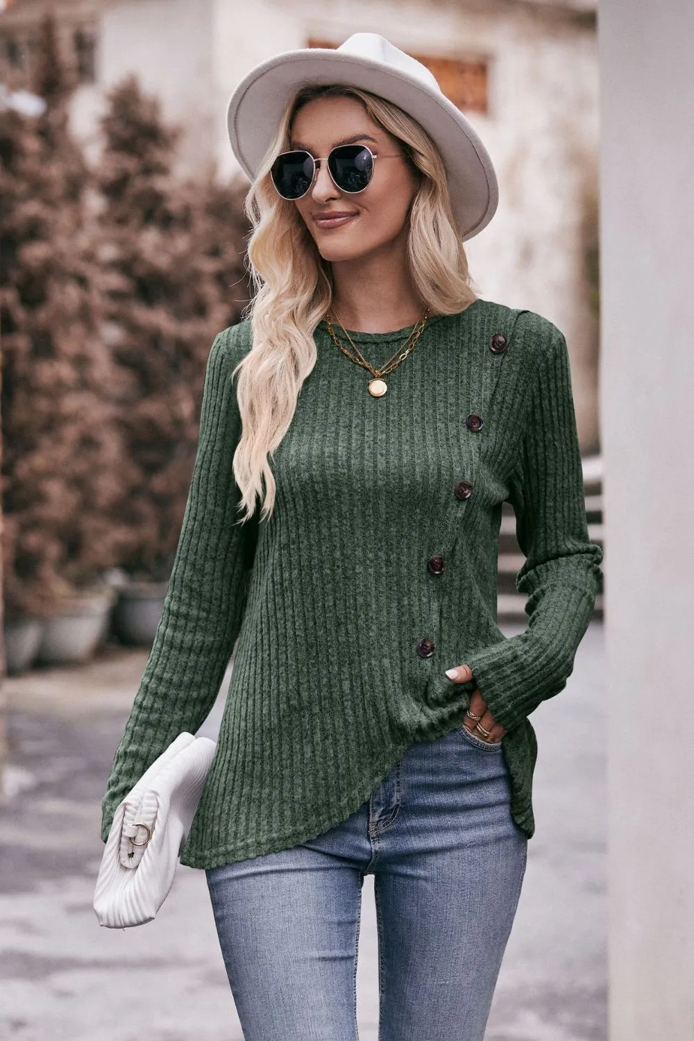 * APP EXCLUSIVE* Ribbed Round Neck Buttoned Long Sleeve Tee