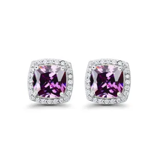 10k White Gold Plated 2 Ct Created Halo Princess Cut Tanzanite Stud Earrings