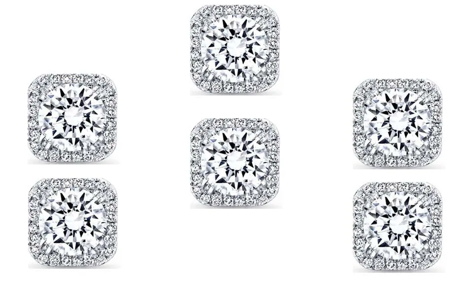 14k White Gold Plated 6mm 3Ct Square Cut White Sapphire Set of Three Halo Stud Earrings