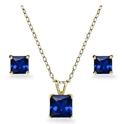 18K Yellow Gold 4ct Tanzanite Square 18 Inch Necklace and Earrings Set Plated