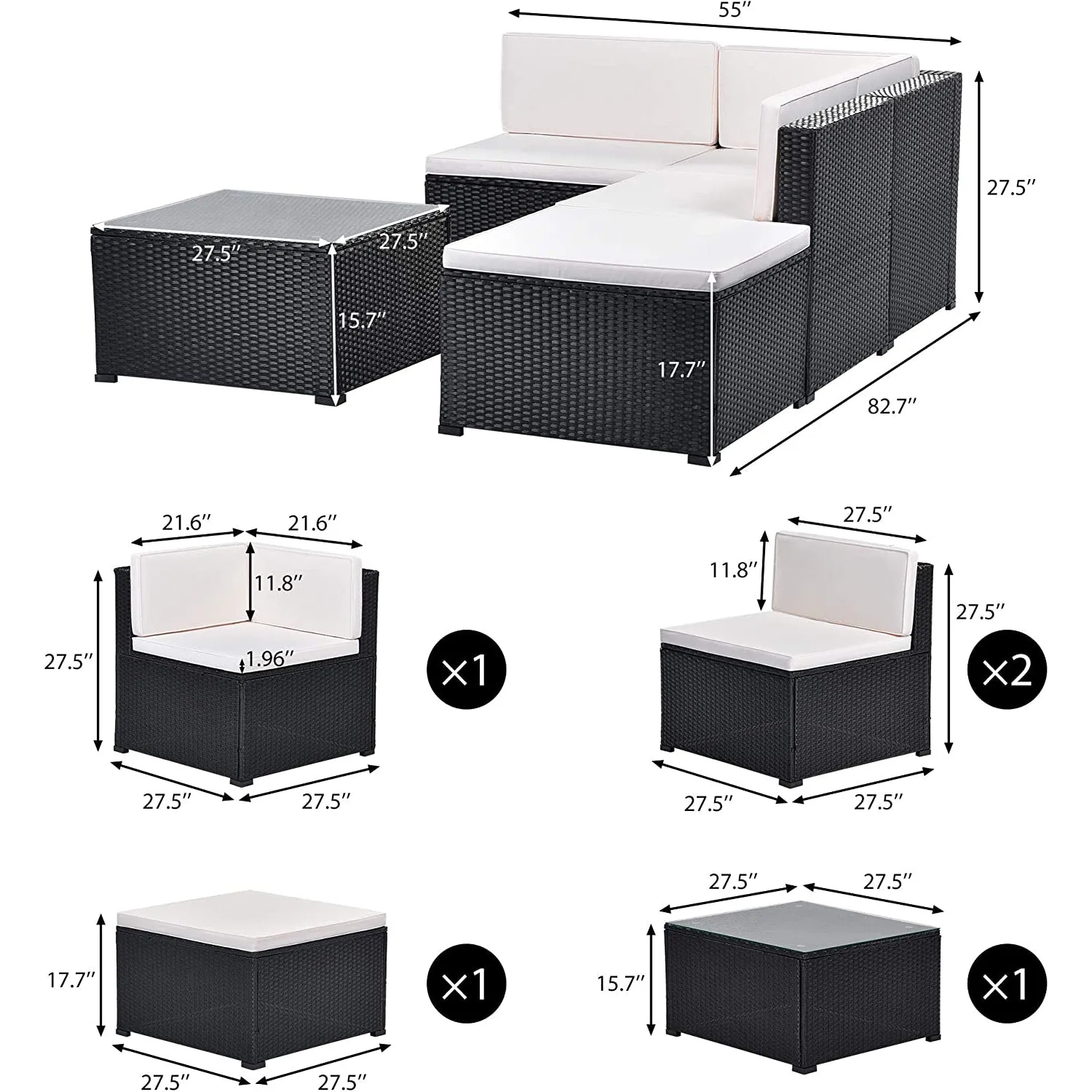 5-Piece: Patio Rattan PE Wicker Furniture Corner Sofa Set
