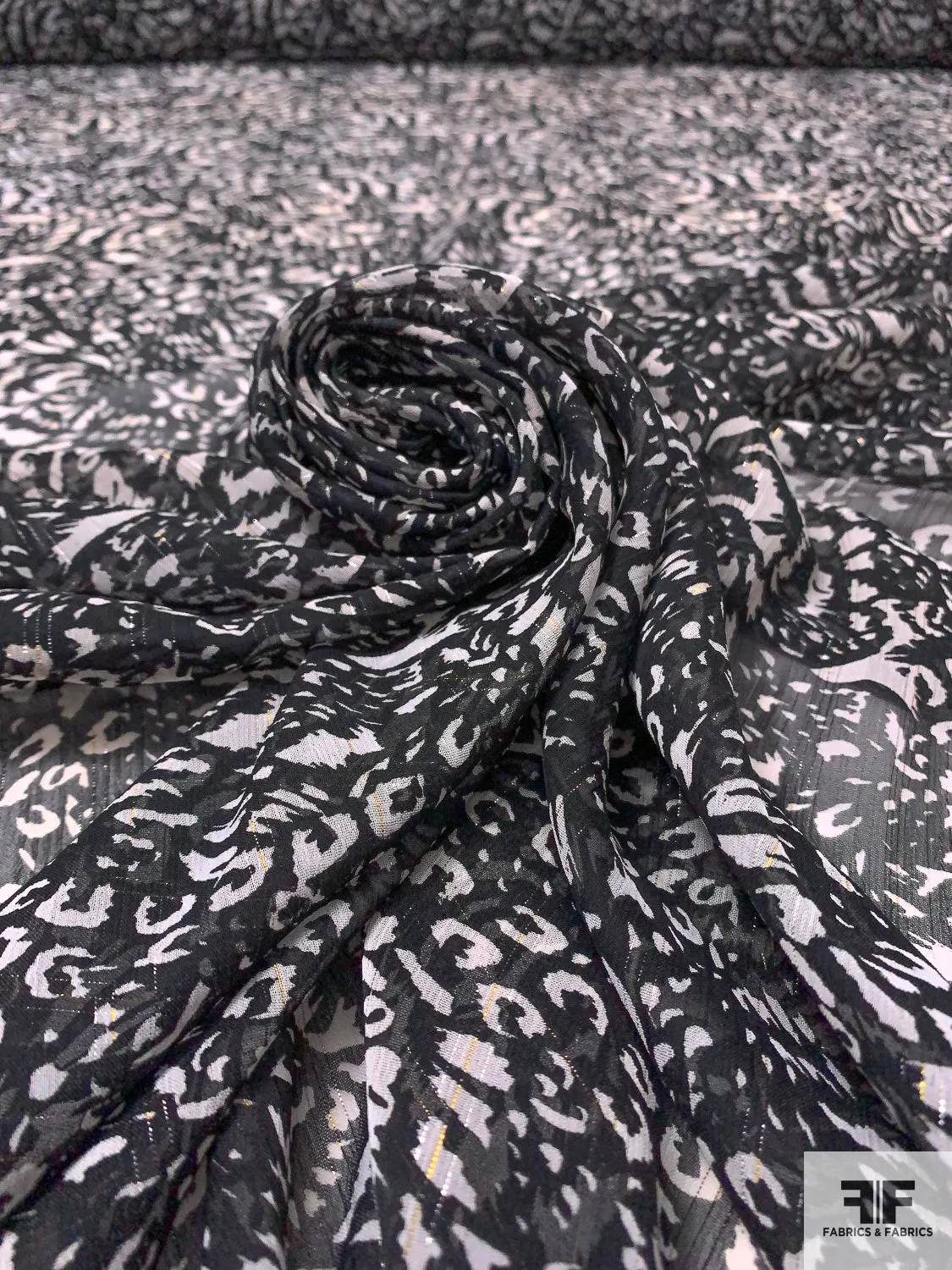 Abstract Printed Polyester Chiffon with Fine Lurex Pinstripes - Black / Off-White / Gold