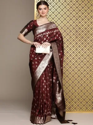 Brown Ethnic Motifs Woven Design Zari Pure Silk Saree