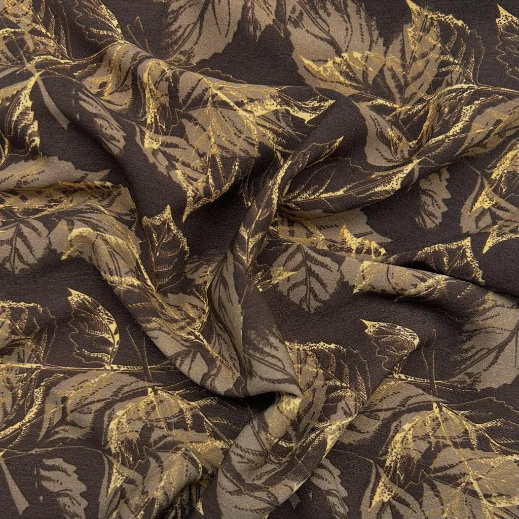 Brown Leaves Polyester Crepe Fabric