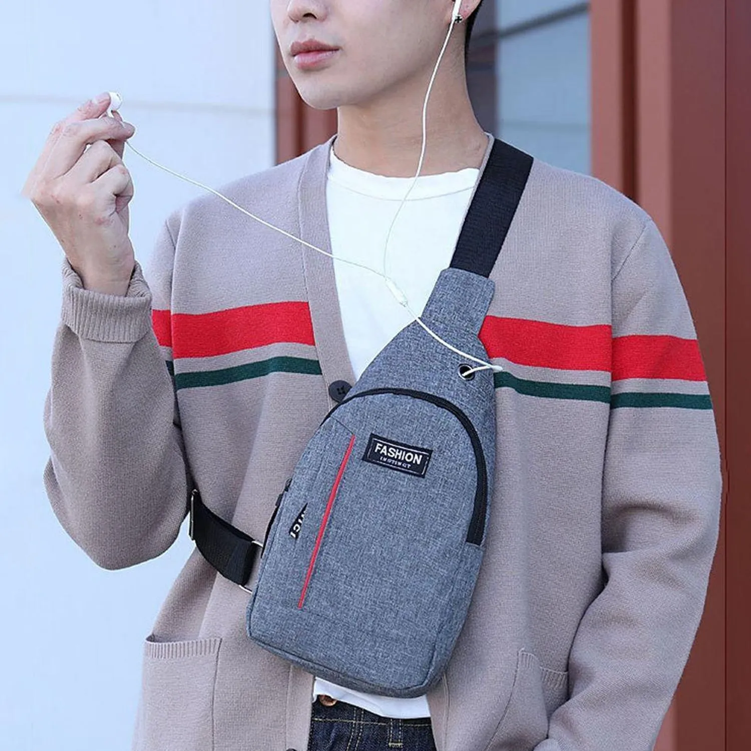 Casual Grey Sling Bag for Men – Waist Pack with USB Charging
