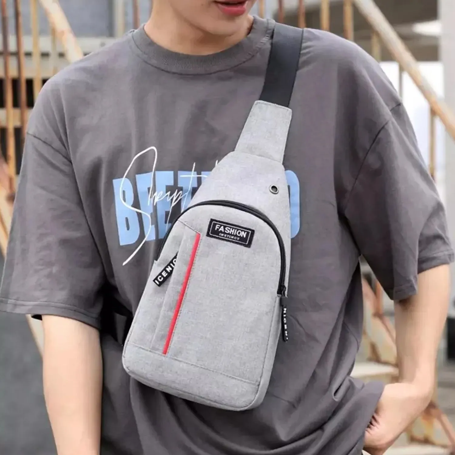 Casual Grey Sling Bag for Men – Waist Pack with USB Charging