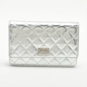 Chanel 2.55 Leather Chain Wallet Silver Silver