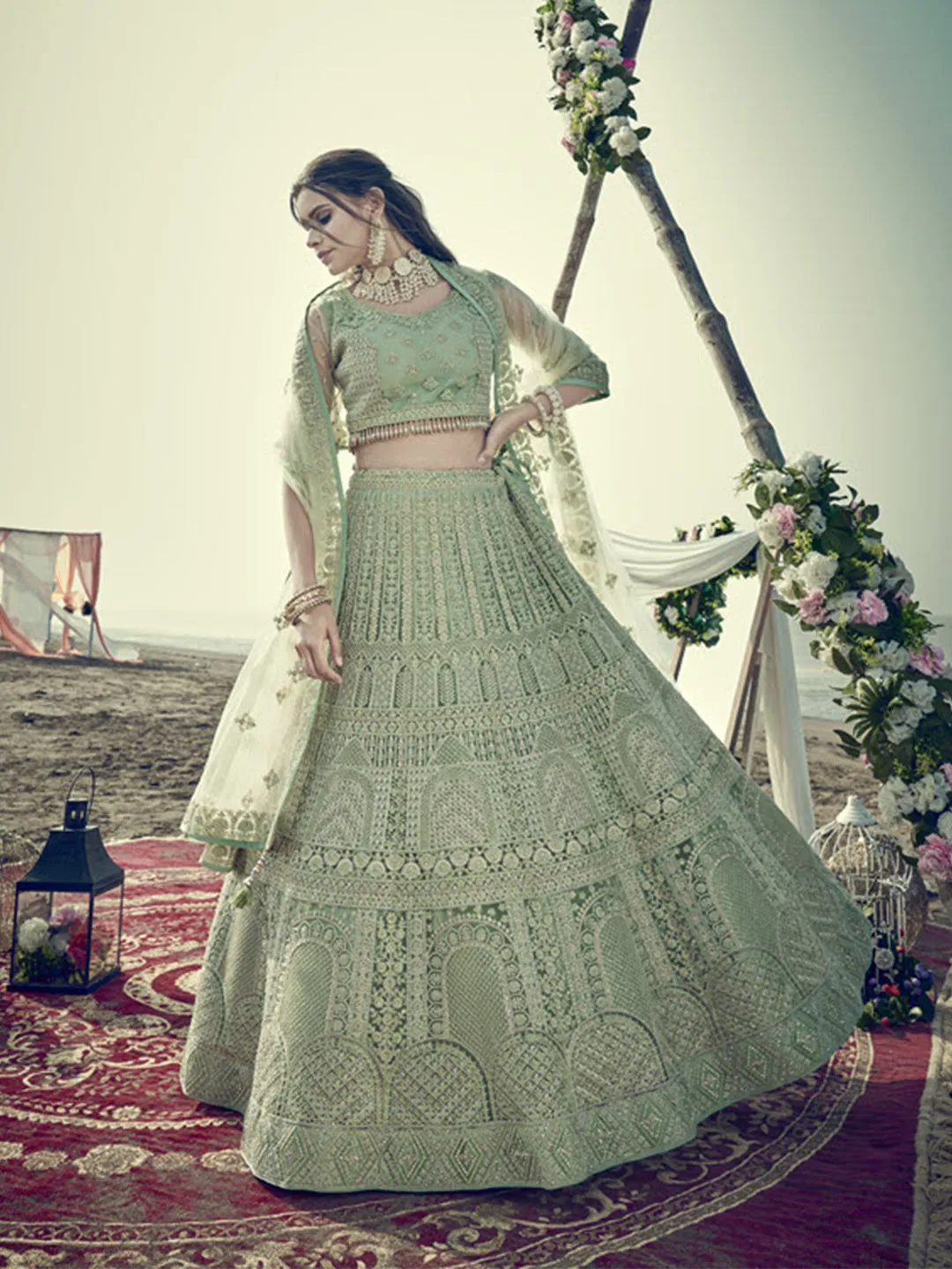 Charming Pista Green Embroidered Lehenga Choli