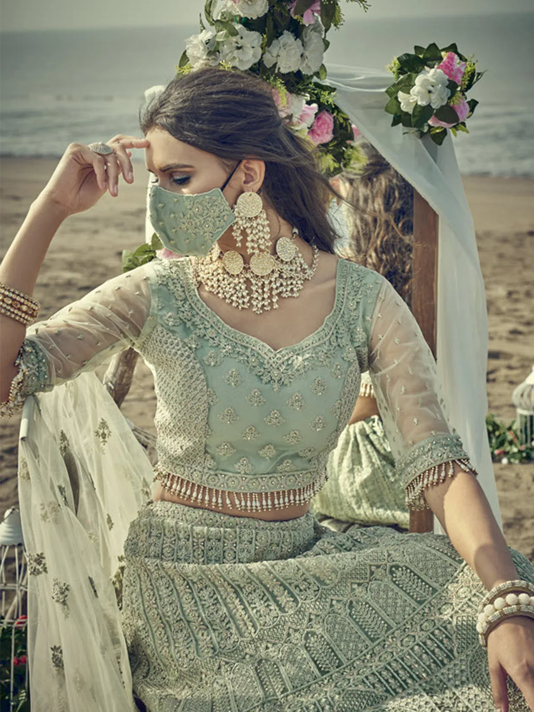 Charming Pista Green Embroidered Lehenga Choli