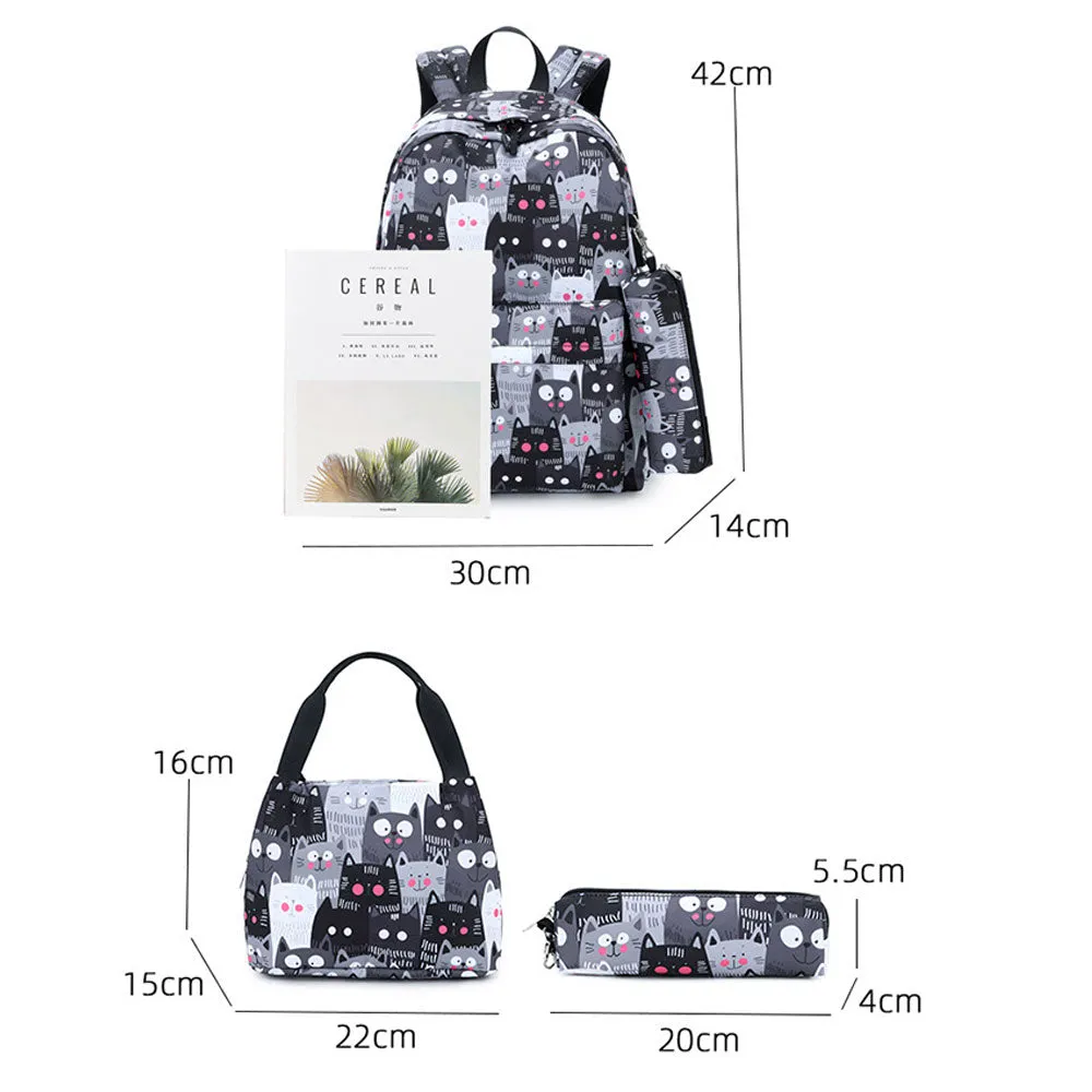Cute Cat Printing Backpack Set for Girls 3 Pieces Waterproof School Bookbag with USB Charging Port