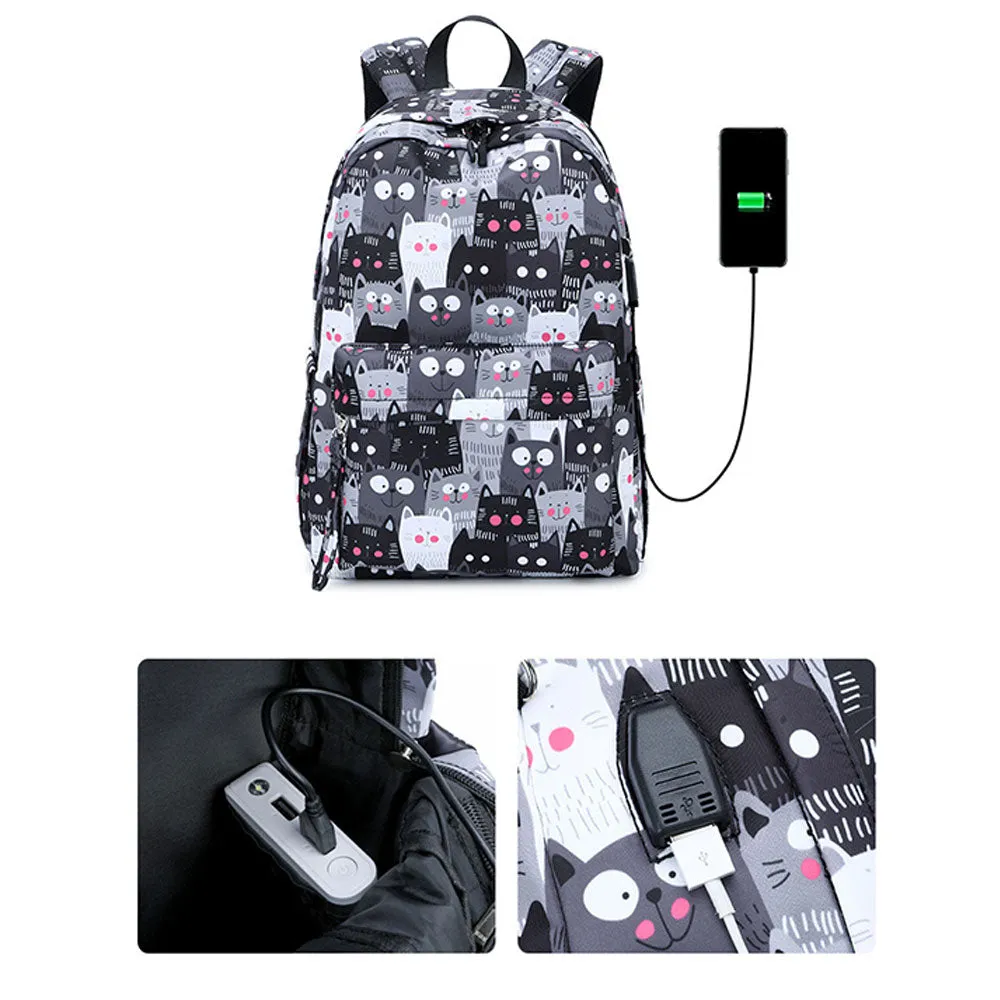 Cute Cat Printing Backpack Set for Girls 3 Pieces Waterproof School Bookbag with USB Charging Port