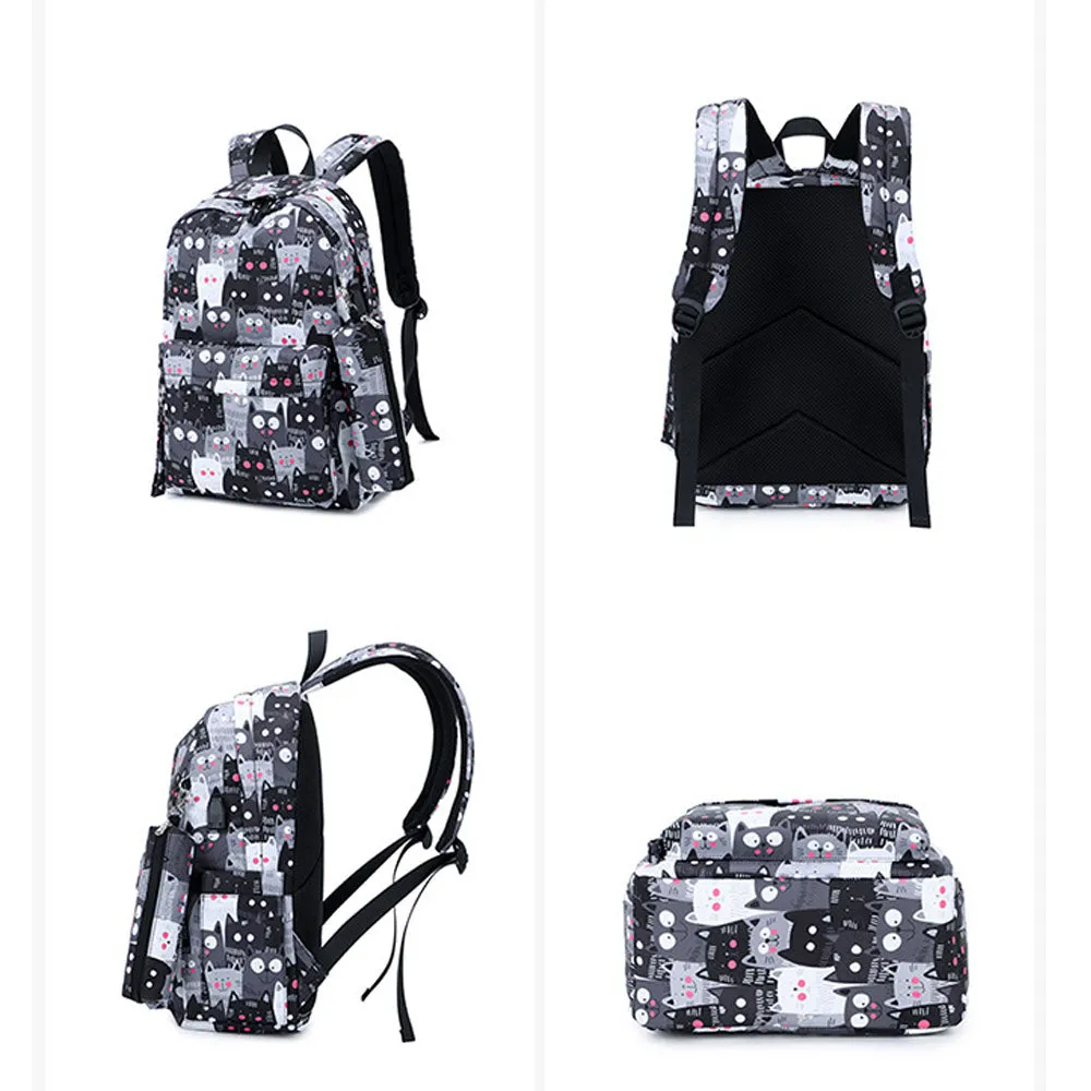 Cute Cat Printing Backpack Set for Girls 3 Pieces Waterproof School Bookbag with USB Charging Port