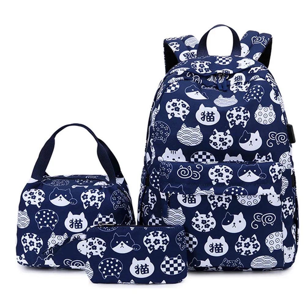 Cute Cat Printing Backpack Set for Girls 3 Pieces Waterproof School Bookbag with USB Charging Port