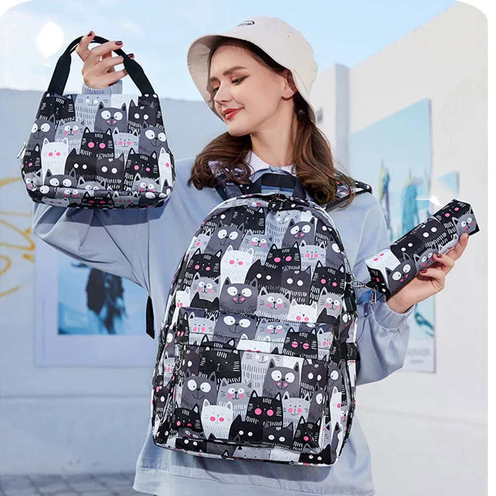 Cute Cat Printing Backpack Set for Girls 3 Pieces Waterproof School Bookbag with USB Charging Port