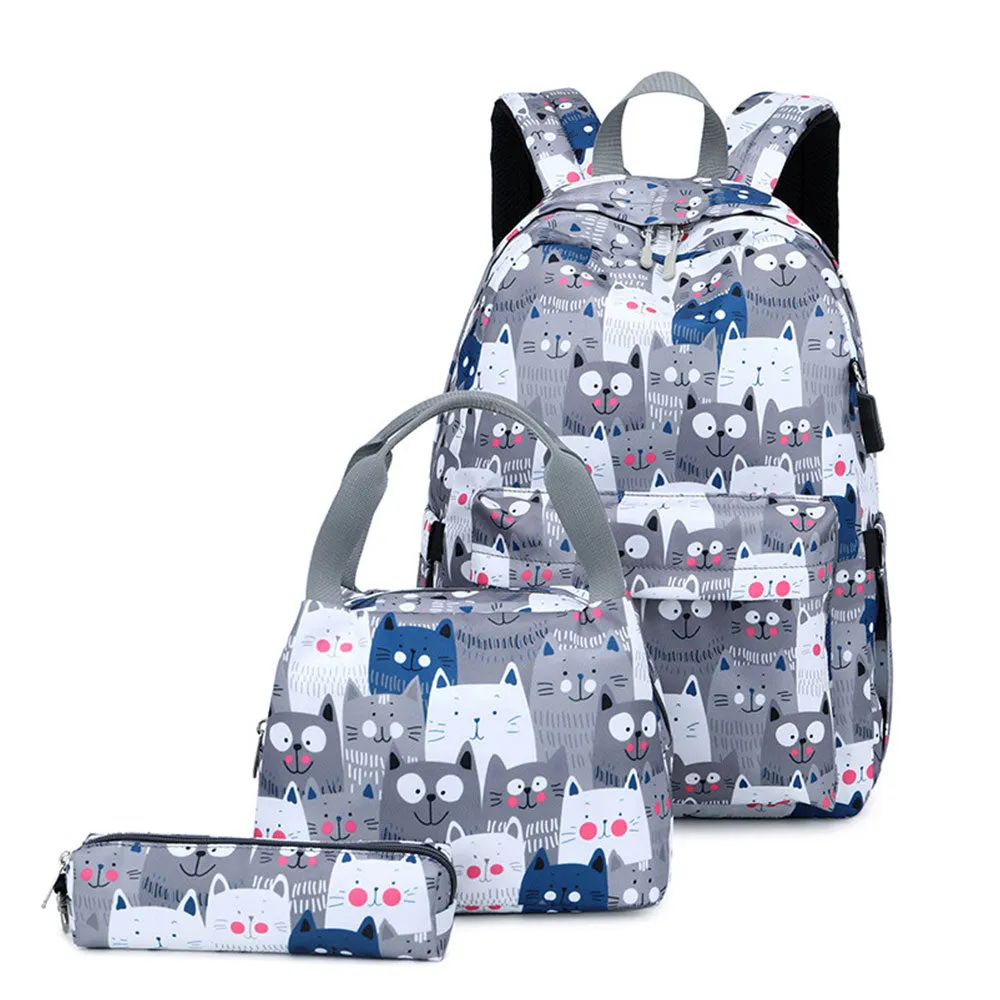 Cute Cat Printing Backpack Set for Girls 3 Pieces Waterproof School Bookbag with USB Charging Port