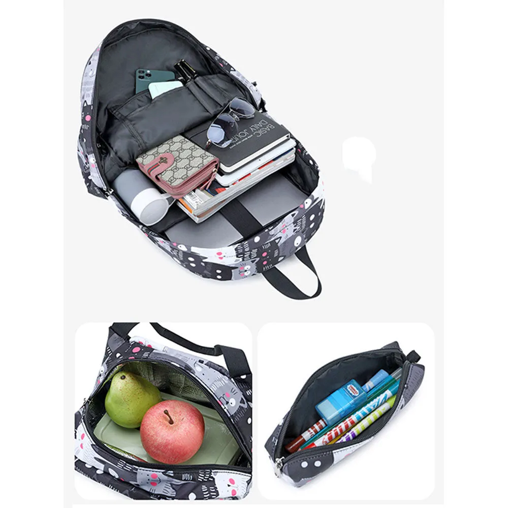 Cute Cat Printing Backpack Set for Girls 3 Pieces Waterproof School Bookbag with USB Charging Port