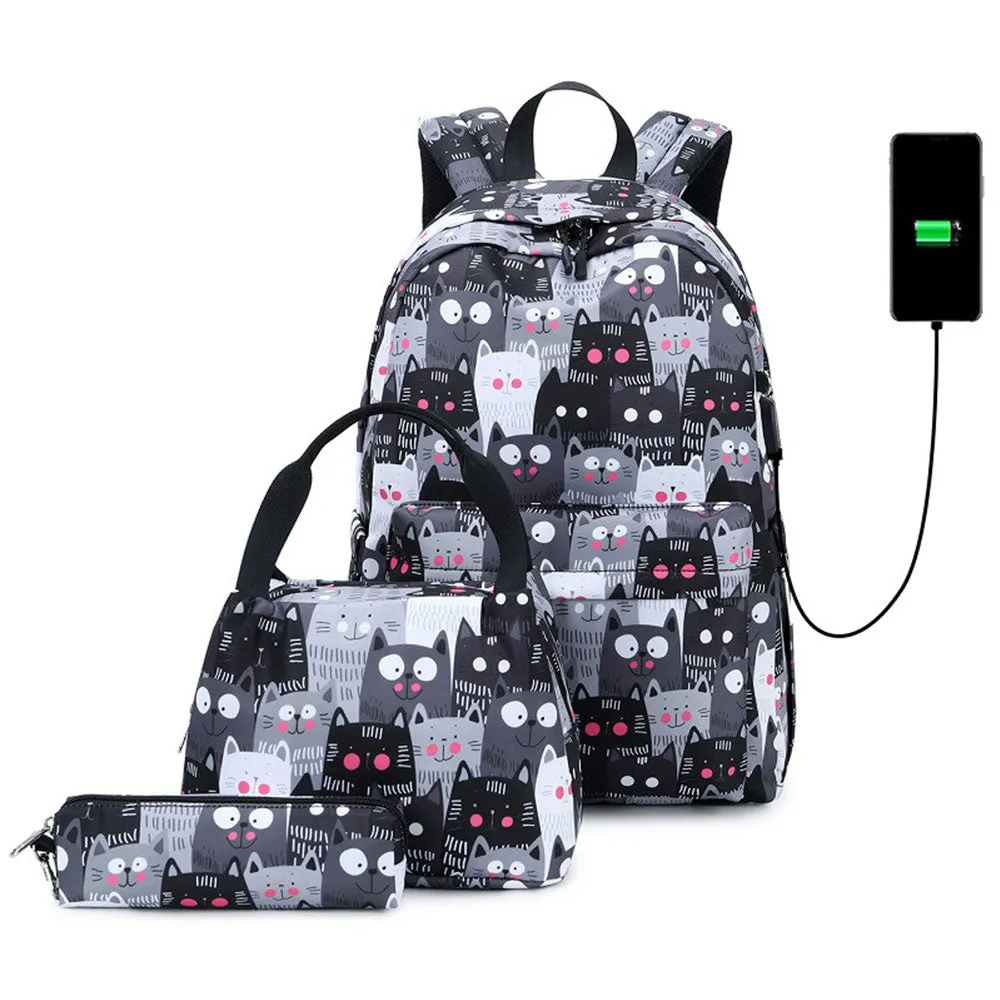 Cute Cat Printing Backpack Set for Girls 3 Pieces Waterproof School Bookbag with USB Charging Port