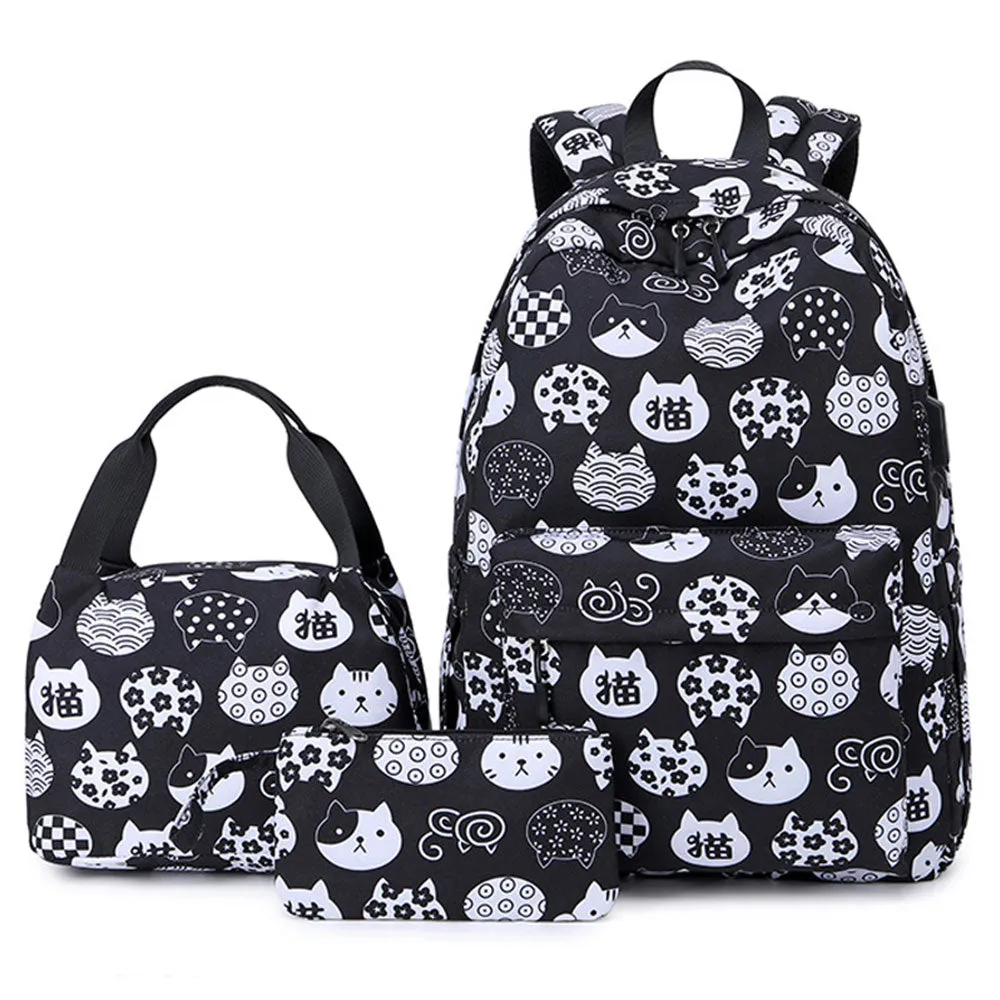 Cute Cat Printing Backpack Set for Girls 3 Pieces Waterproof School Bookbag with USB Charging Port