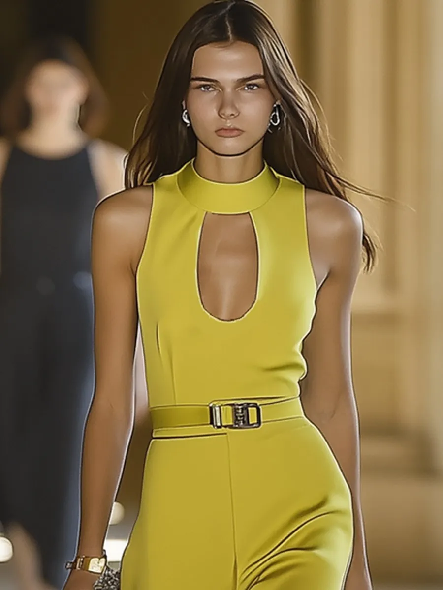 Elegant Yellow Green Hollow Sleeveless Jumpsuit