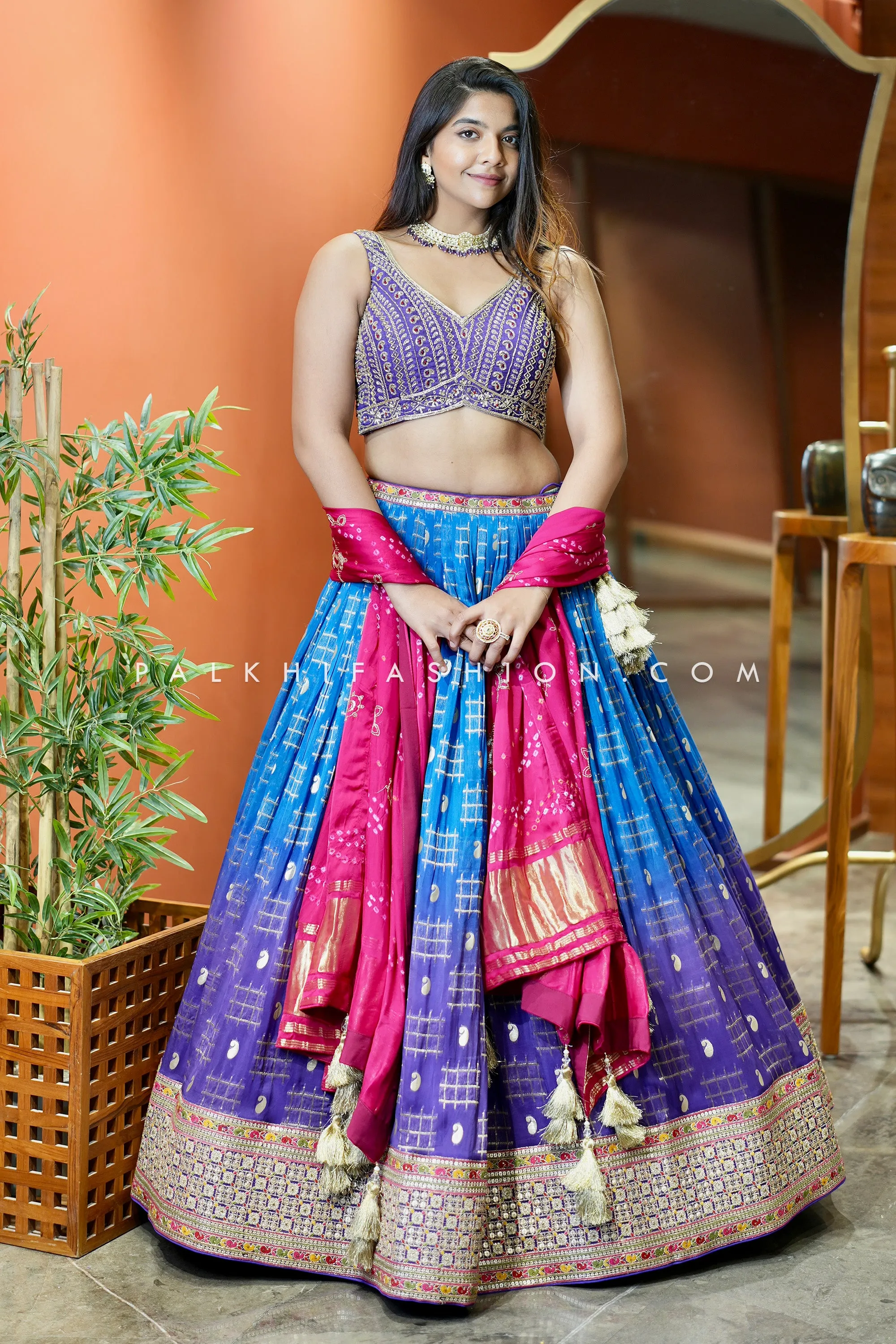Elegantly Embellished Blue Tissue Silk Lehenga Choli with Handwork Blouse