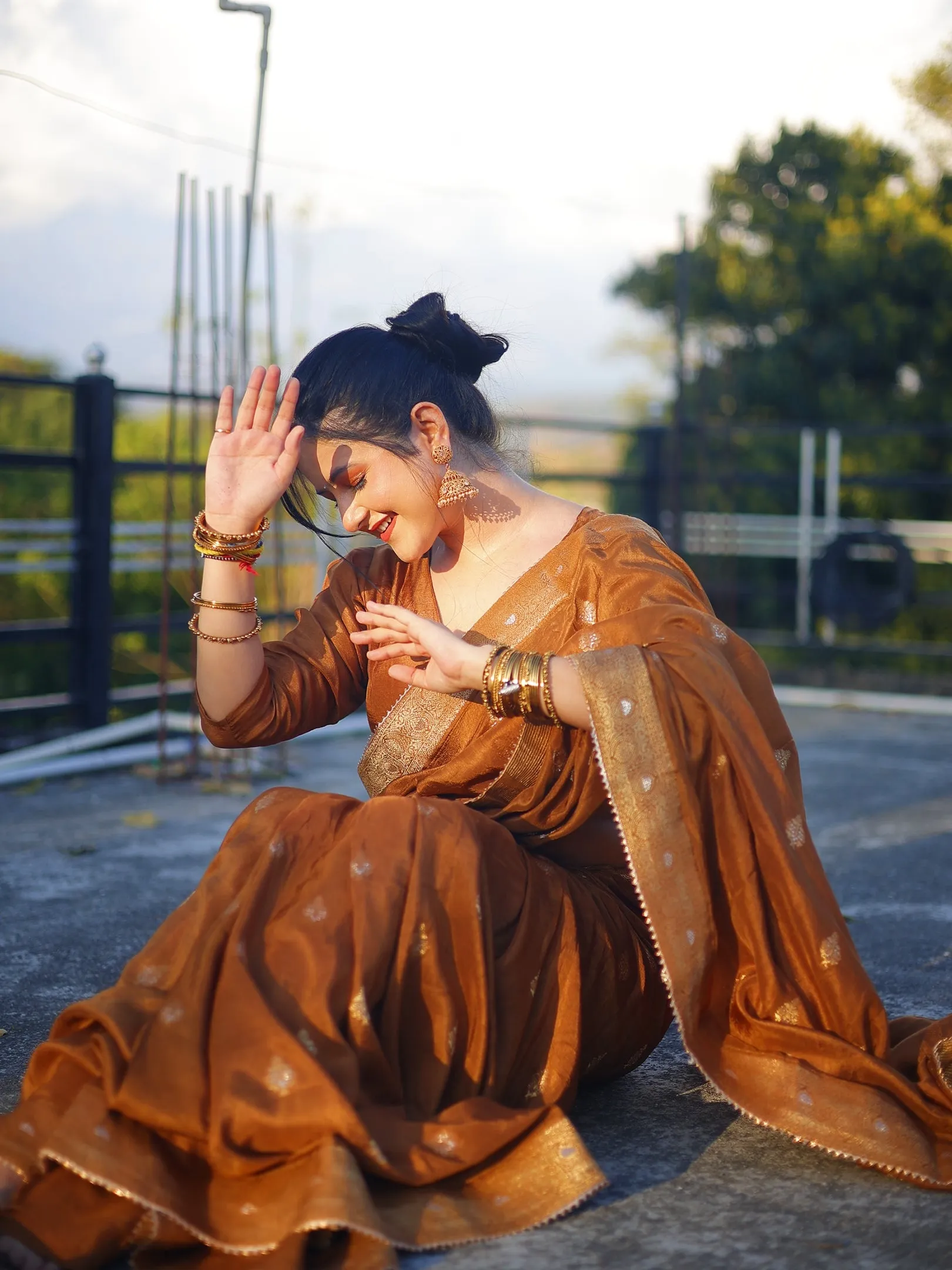 Golden Brown Banarasi Silk Saree with Floral Motif