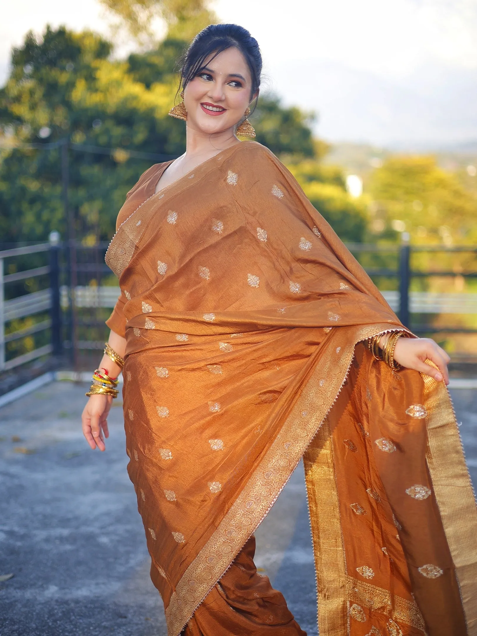Golden Brown Banarasi Silk Saree with Floral Motif