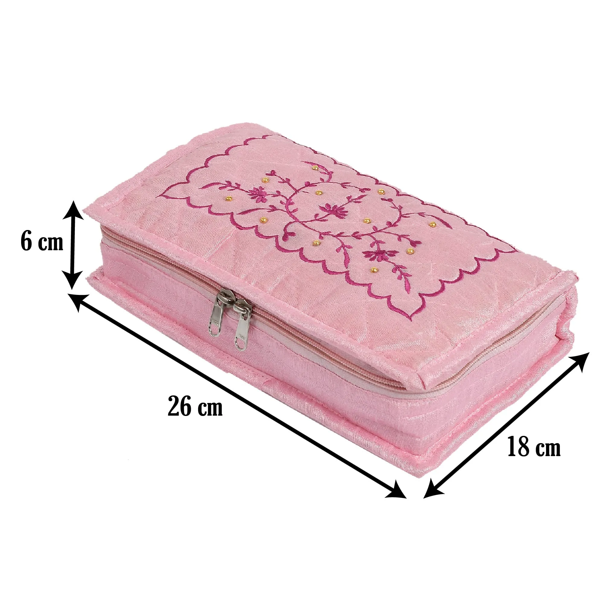 Heart Home Embroidery Design Portable Jewellery Organizer With 6 Tranasparent Pockets For Keeps Your Jewellery,Earrings, Pendants Organized And Secure- Pack of 4 (Pink)