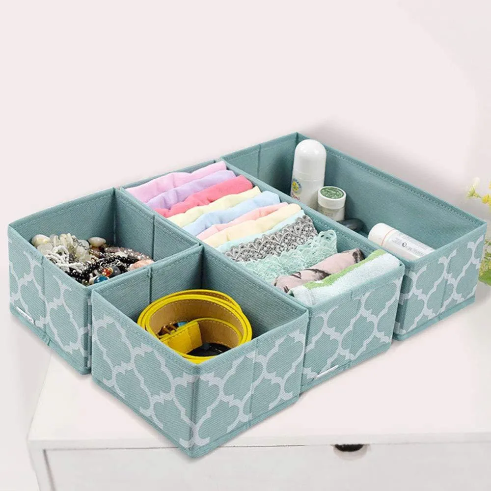 Homyfort Set of 6 Foldable Dresser Drawer Dividers, Cloth Storage Boxes, Closet Organizers for Underwear, Bras, Socks, Ties, Scarves (Blue Lantern Printing)