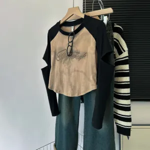 Metaversmall O-neck Vintage Sexy Hollow Out Female T-shirts Long Sleeve Spell Color Letter Print Fashion Women's Blouses Office Lady