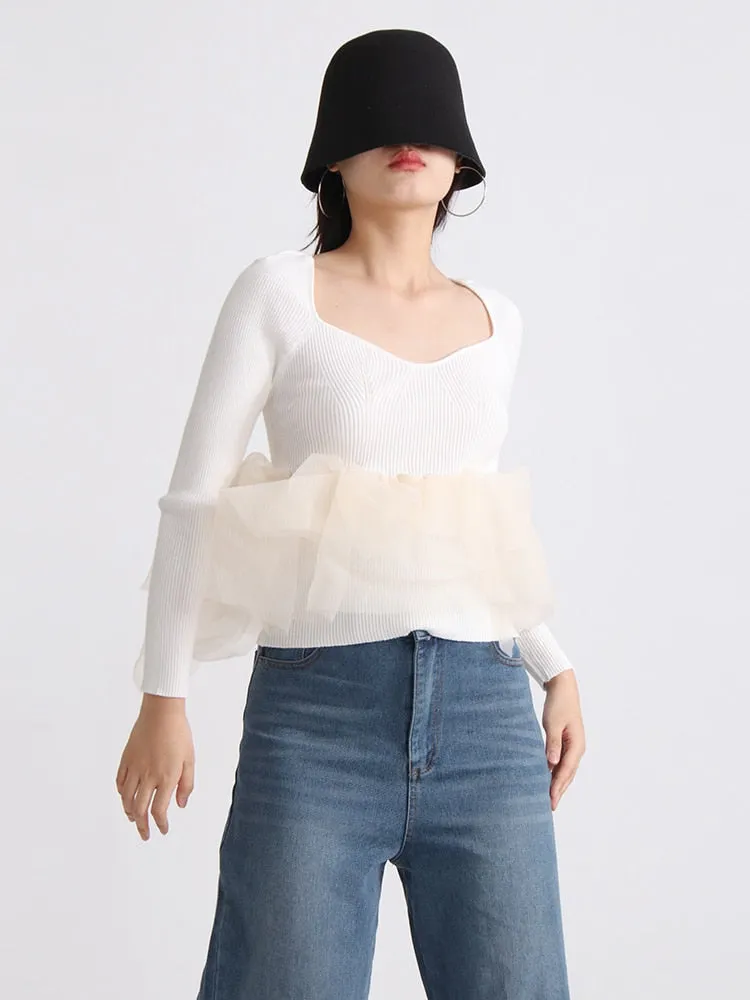 Minimalist T Shirts For Women V Neck Long Sleeve Patchwork Mesh Summer T Shirt Female Fashion Style Clothing