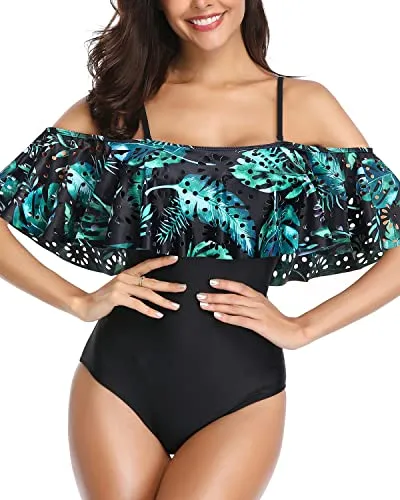 One Piece Off Shoulder Lace Swimsuits Ruffle Flounce Hollow Bathing Suits-Black And Green Leaves