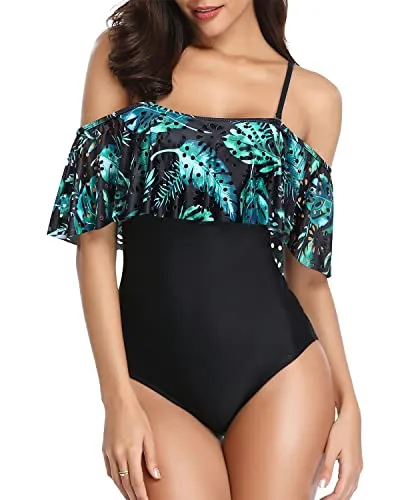 One Piece Off Shoulder Lace Swimsuits Ruffle Flounce Hollow Bathing Suits-Black And Green Leaves