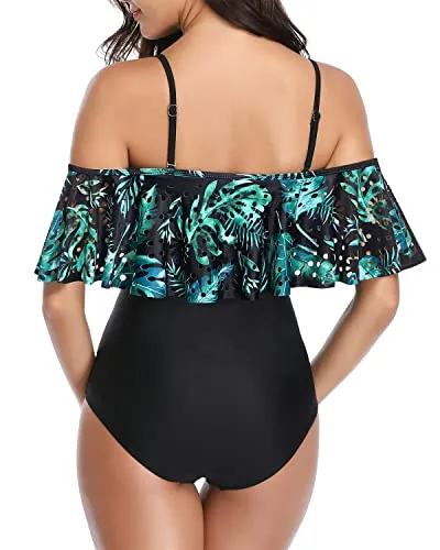 One Piece Off Shoulder Lace Swimsuits Ruffle Flounce Hollow Bathing Suits-Black And Green Leaves