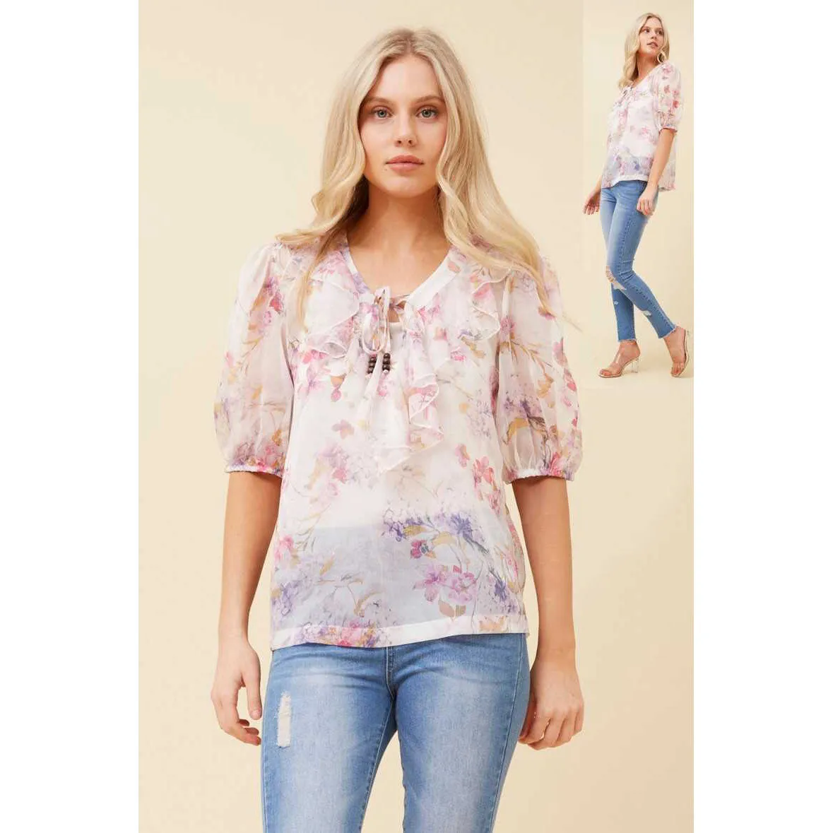 Printed Georgette Top With Ruffle Collar - Pink