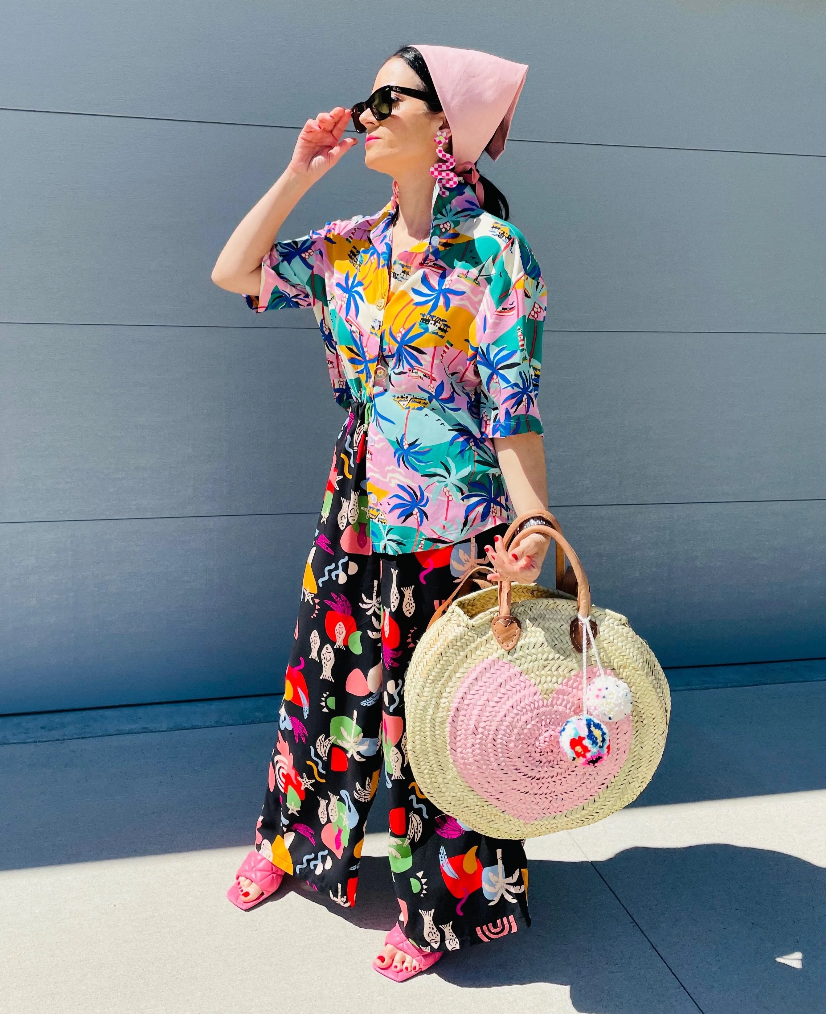 Round  Straw Bag with Leather Straps and Poms by Poppy Joy Pompoms