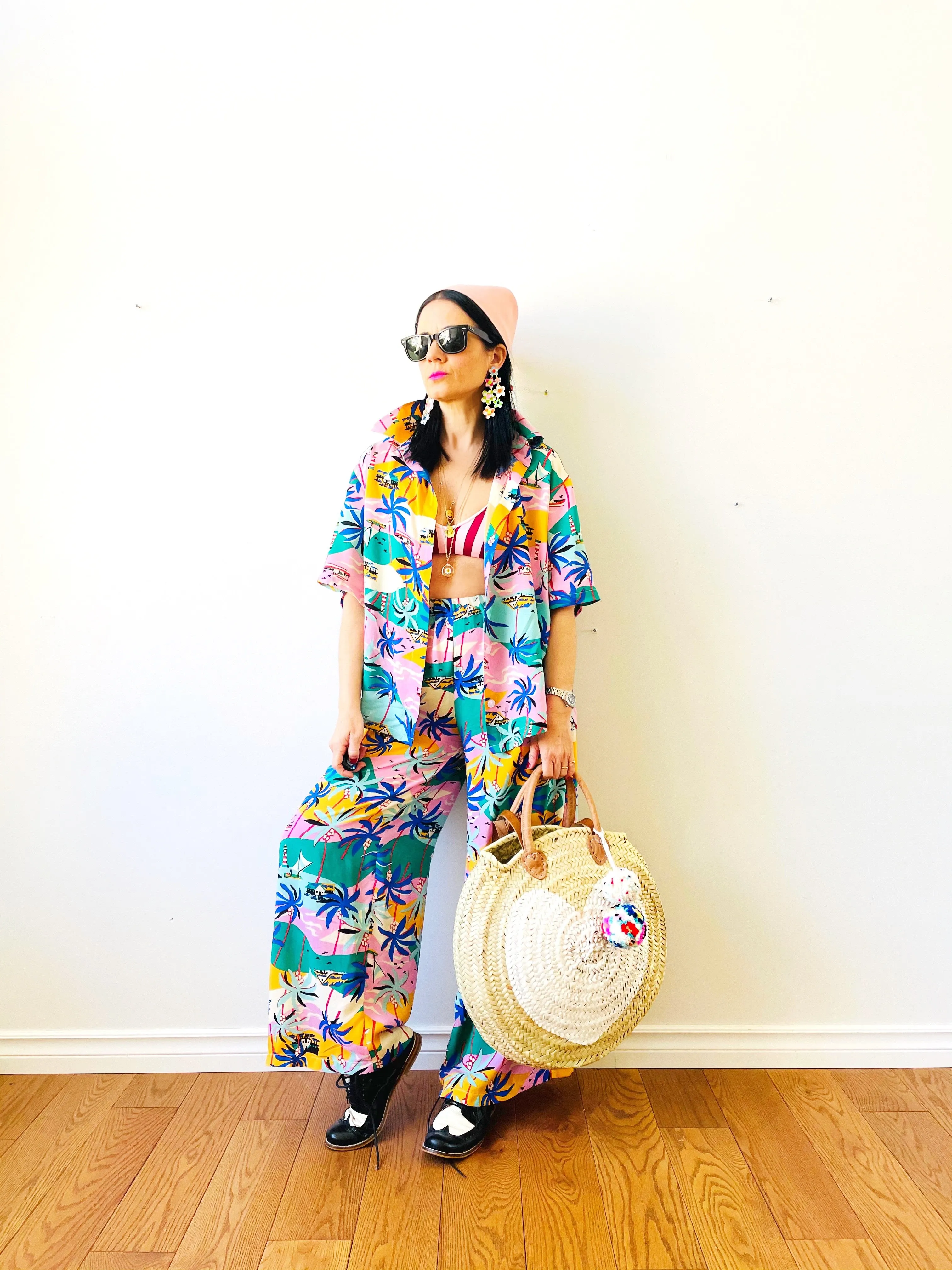 Round  Straw Bag with Leather Straps and Poms by Poppy Joy Pompoms