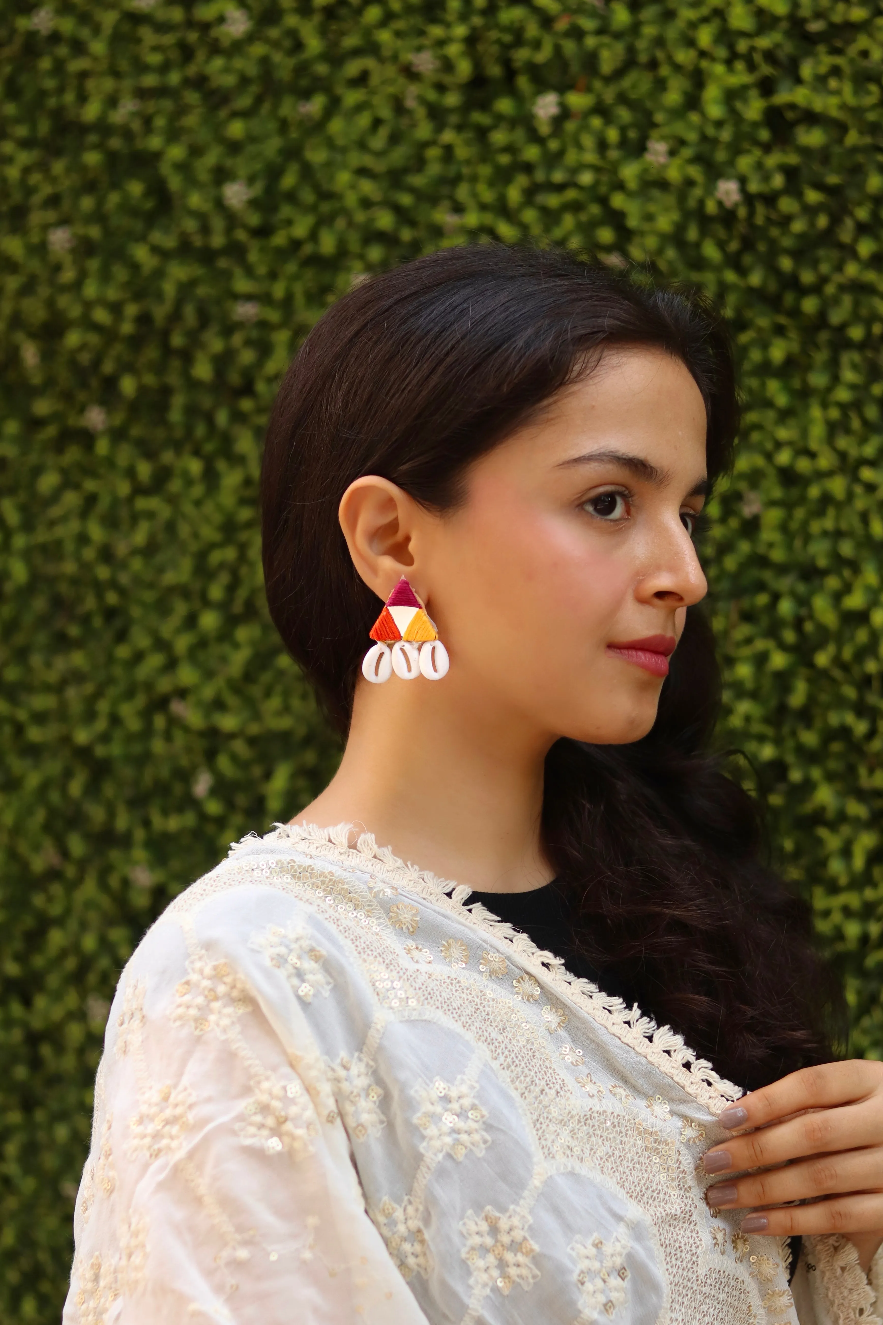 Tri Color Fabric Shell Handmade Earring